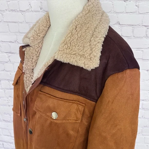 Men's Brown Faux Suede Sherpa Zippered Chore Jacket--NEW--S - Picture 4 of 15